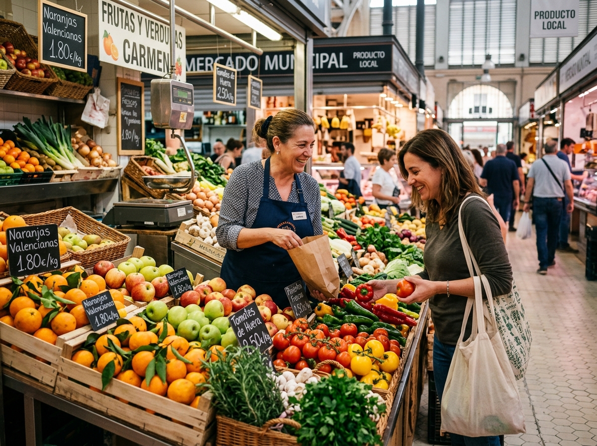 Un mercado municipal tradicional con puestos de frutas y verduras frescas y clientes comprando.